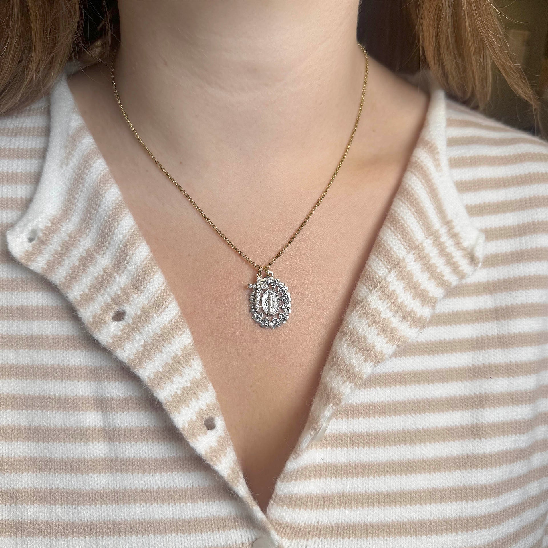 Blessed Mother and Cross Necklace displayed on chain for a classic religious jewelry look