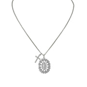 Silver Blessed Mother and Cross Necklace with detailed Miraculous Medal and crystal cross