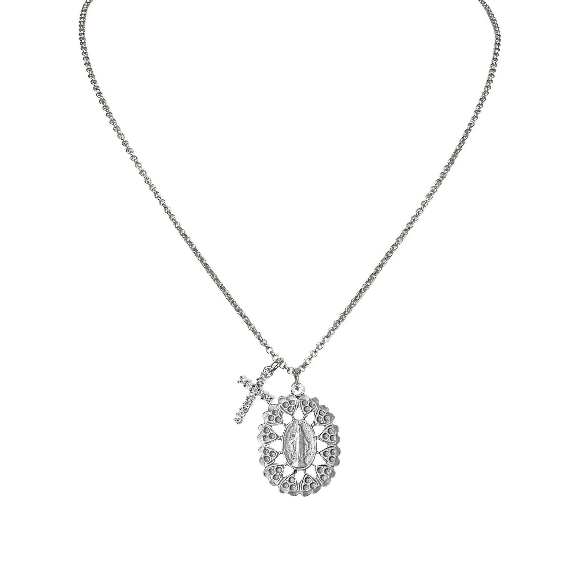 Silver Blessed Mother and Cross Necklace with detailed Miraculous Medal and crystal cross