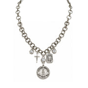 Blessed & Protected Catholic Charm Necklace with Padre Pio charm, Miraculous Medal, crucifix, crystal accents, and antiqued silver-tone links