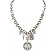 Blessed & Protected Catholic Charm Necklace with St. Christopher charm, Miraculous Medal, crucifix, crystal accents, and antiqued silver-tone links