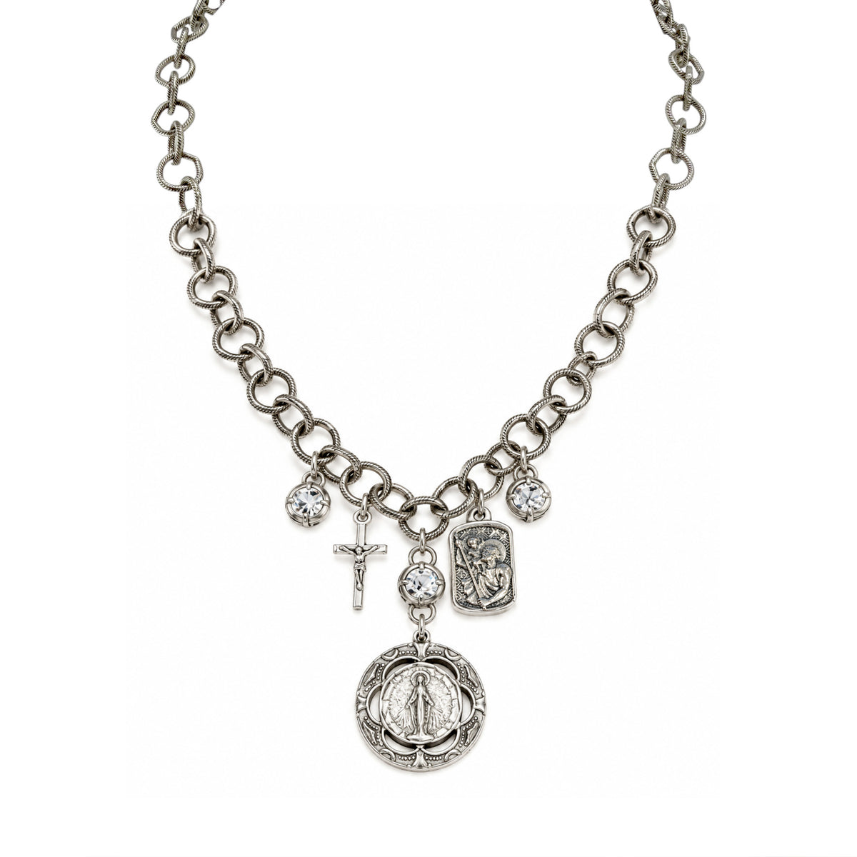 Blessed & Protected Catholic Charm Necklace with St. Christopher charm, Miraculous Medal, crucifix, crystal accents, and antiqued silver-tone links
