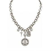 Blessed & Protected Catholic Charm Necklace with St. Francis charm, Miraculous Medal, crucifix, crystal accents, and antiqued silver-tone links