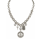 Blessed & Protected Catholic Charm Necklace with St. Michael charm, Miraculous Medal, crucifix, crystal accents, and antiqued silver-tone links