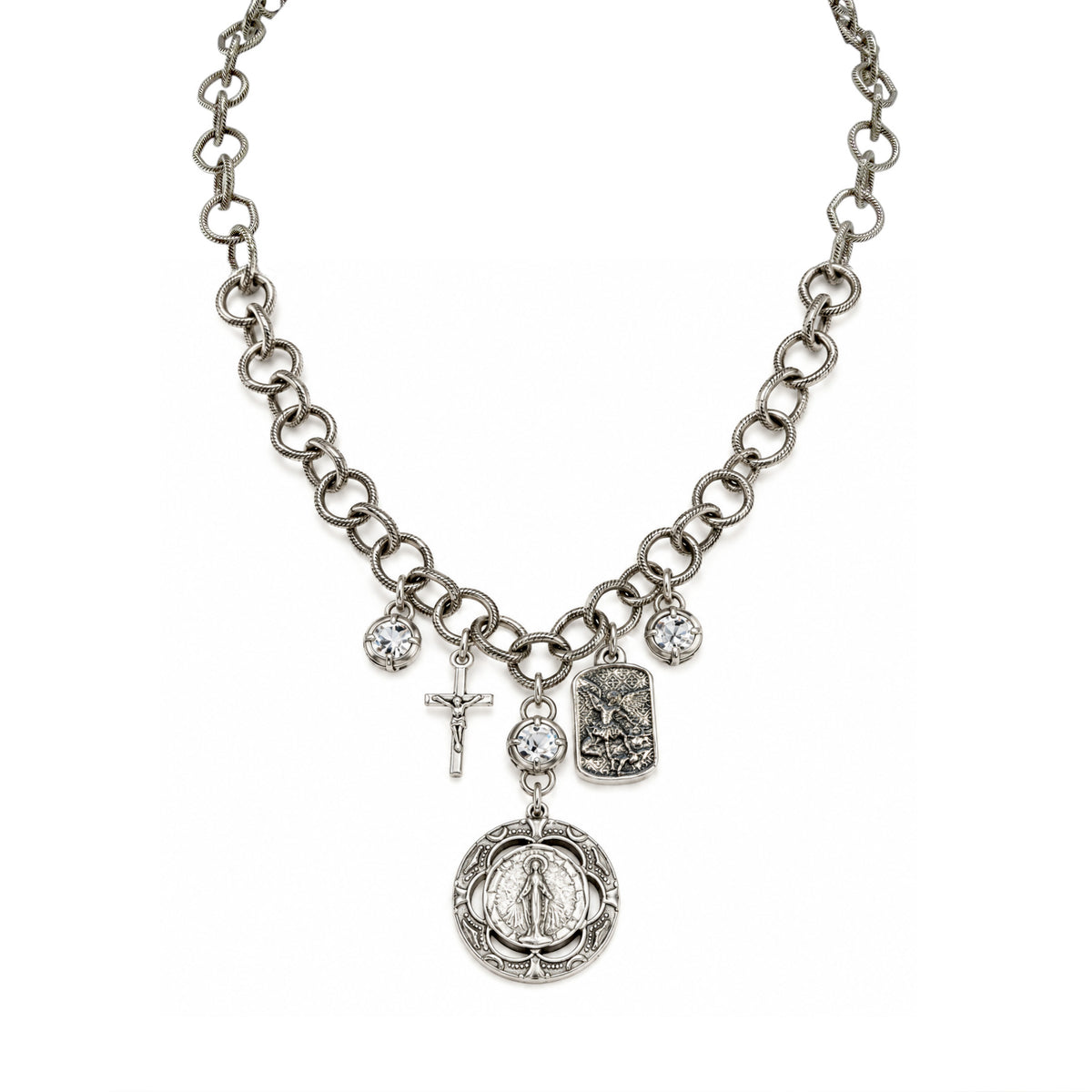 Blessed & Protected Catholic Charm Necklace with St. Michael charm, Miraculous Medal, crucifix, crystal accents, and antiqued silver-tone links