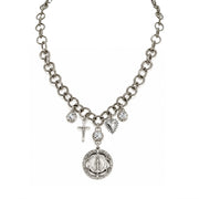 Love Lisa Blessed & Protected Catholic Charm Necklace with antiqued silver-tone links, Miraculous Medal, crucifix, Sacred Heart charm, and sparkling crystal accents