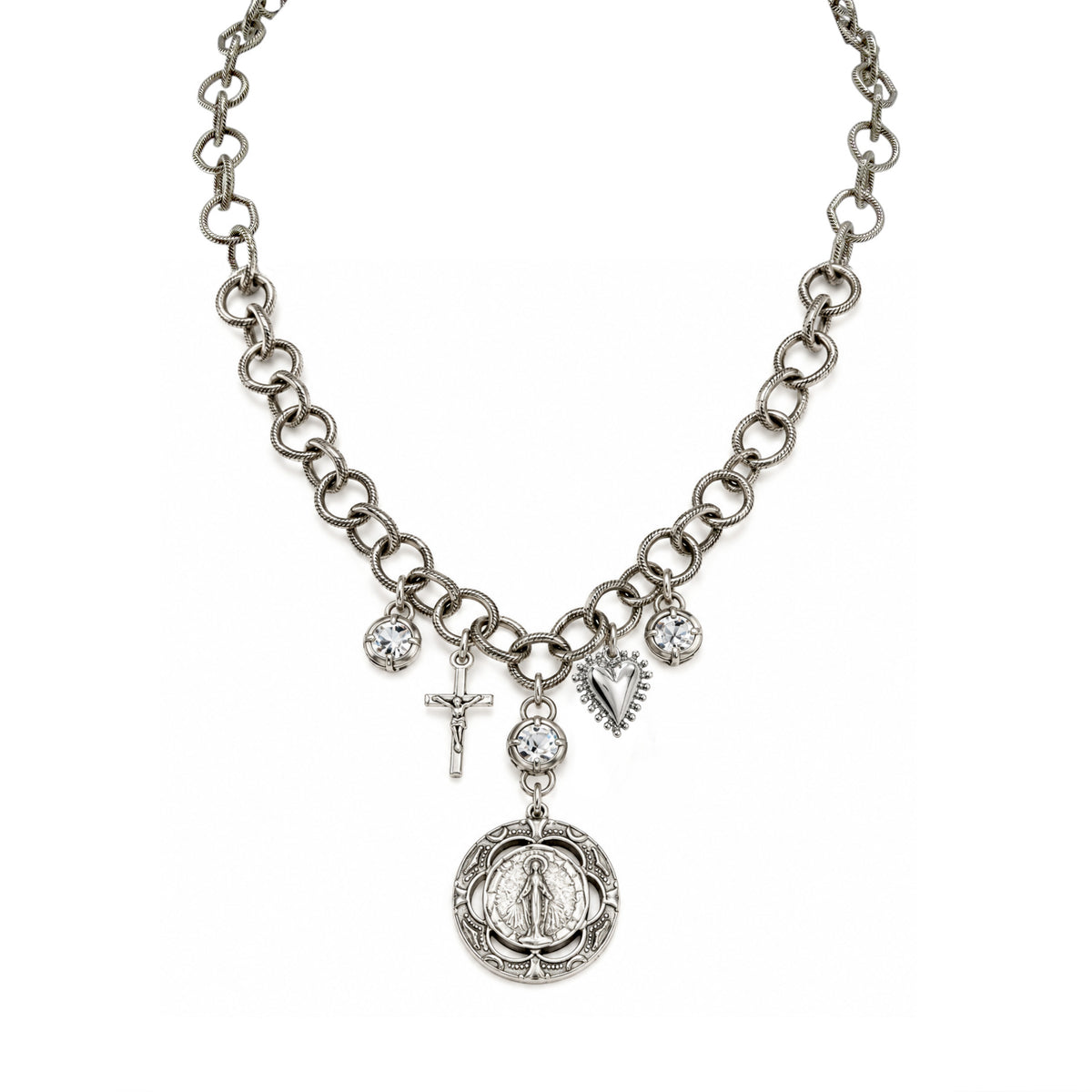 Love Lisa Blessed & Protected Catholic Charm Necklace with antiqued silver-tone links, Miraculous Medal, crucifix, Sacred Heart charm, and sparkling crystal accents