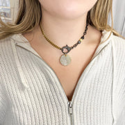 Model wearing gold pavé Bling Bling Disc Charm on mixed metal chain

