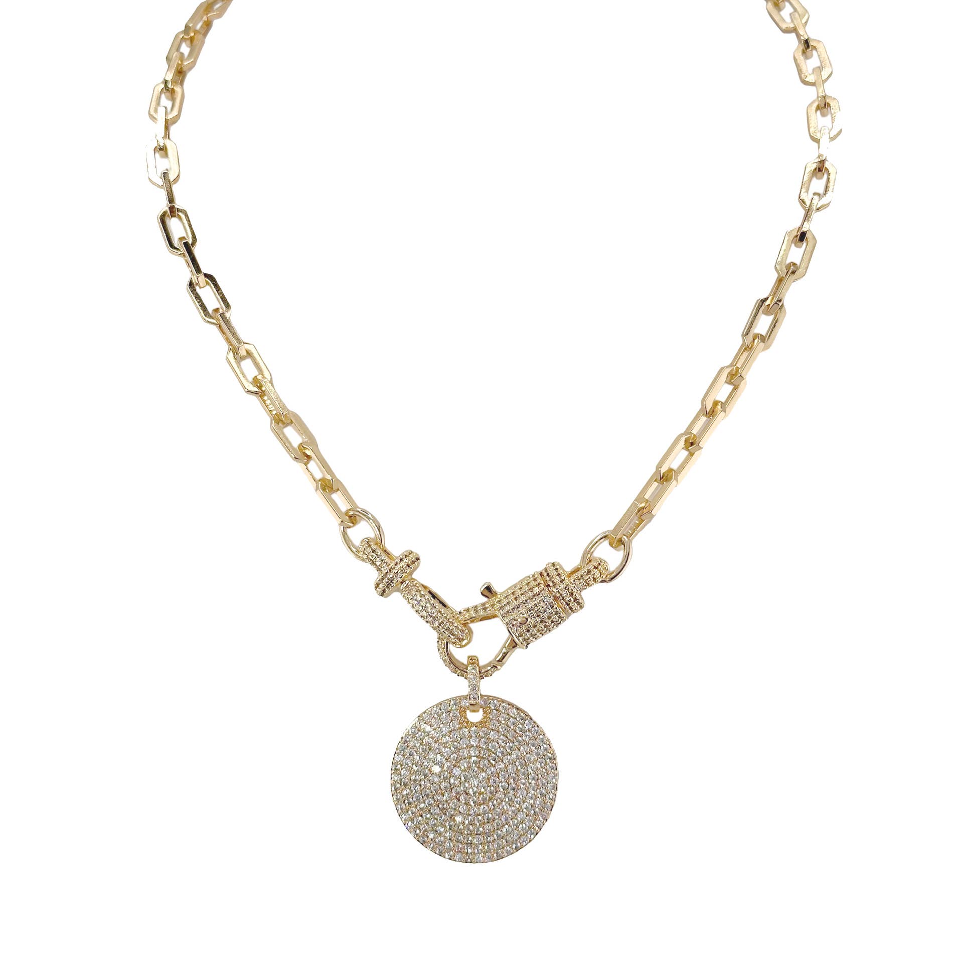 Bling Bling Disc Charm Gold on Elaine Elegant Pave Clasp Necklace