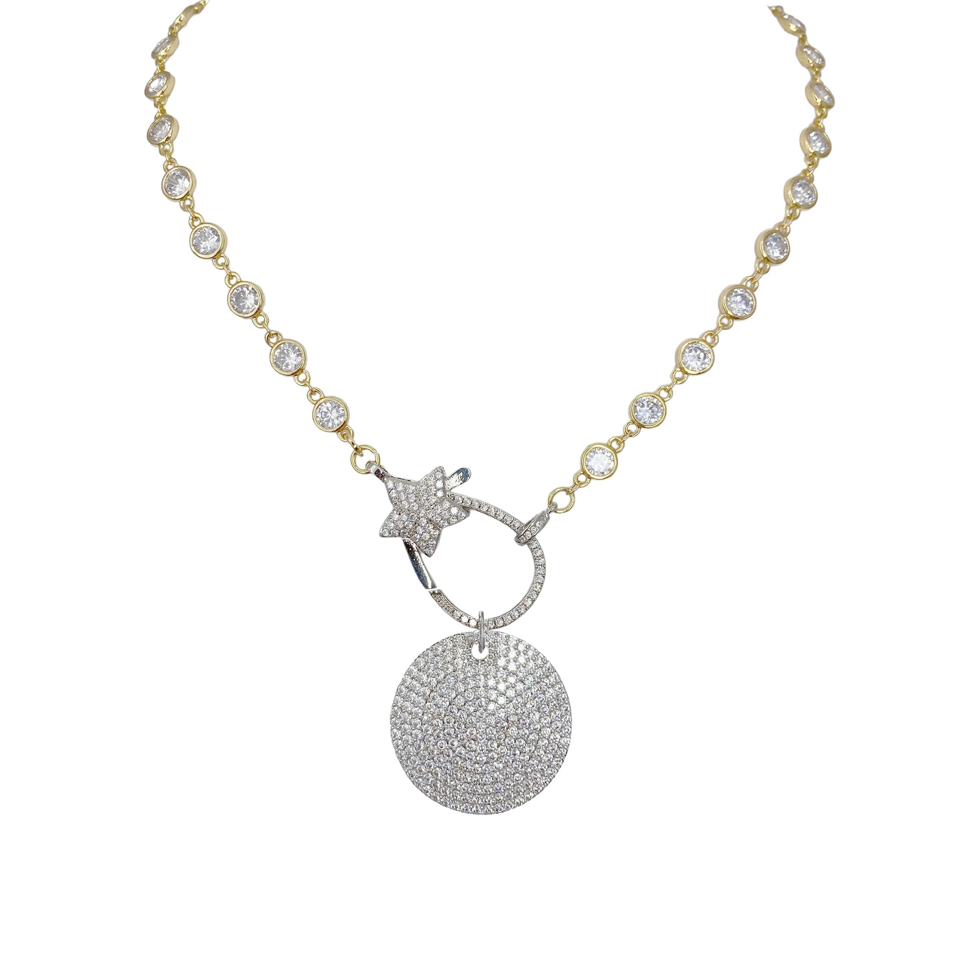 Bling Bling Disc Charm in silver on star clasp crystal necklace