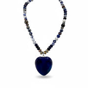 Blue agate heart worry stone necklace with calming gemstone beads