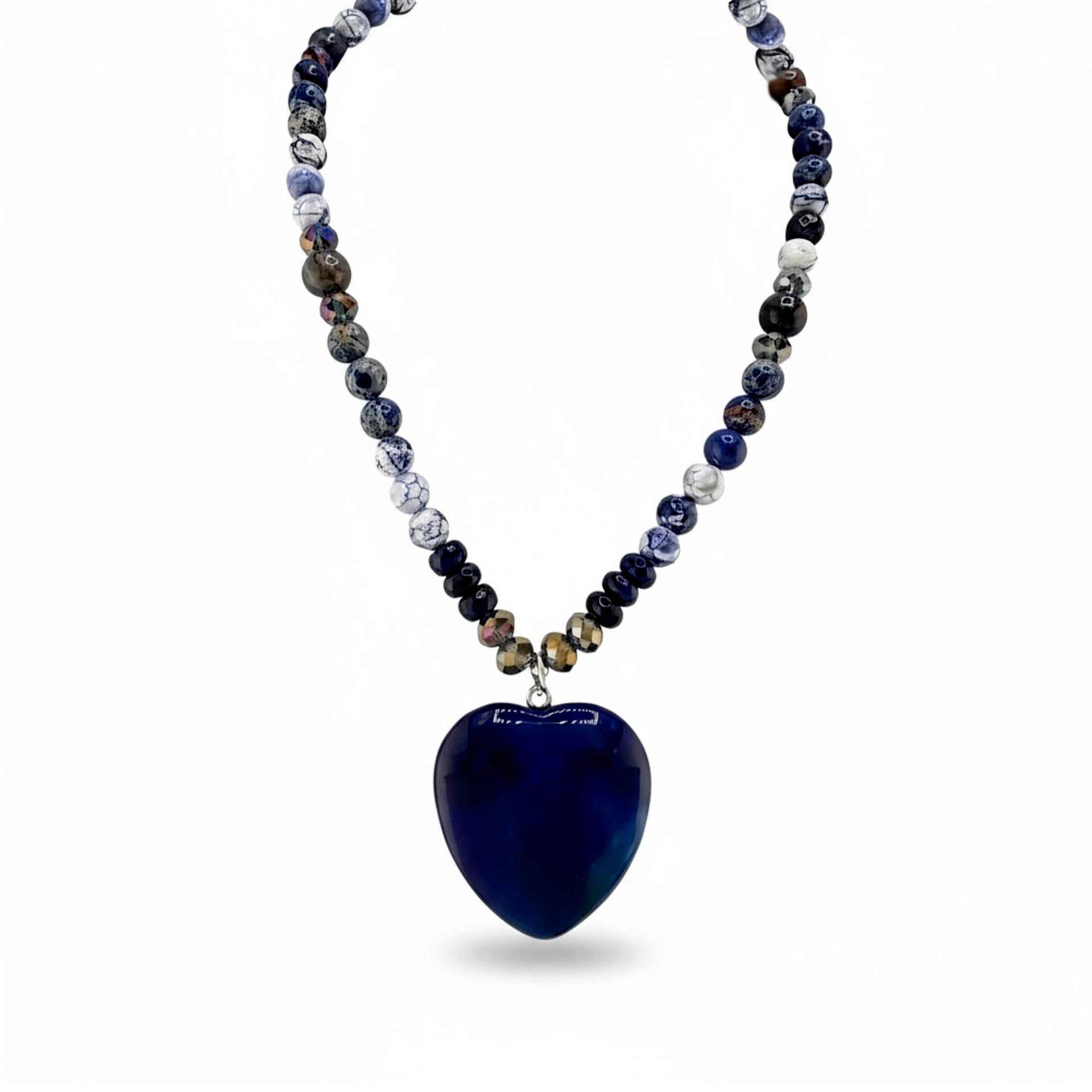 Blue agate heart worry stone necklace with calming gemstone beads