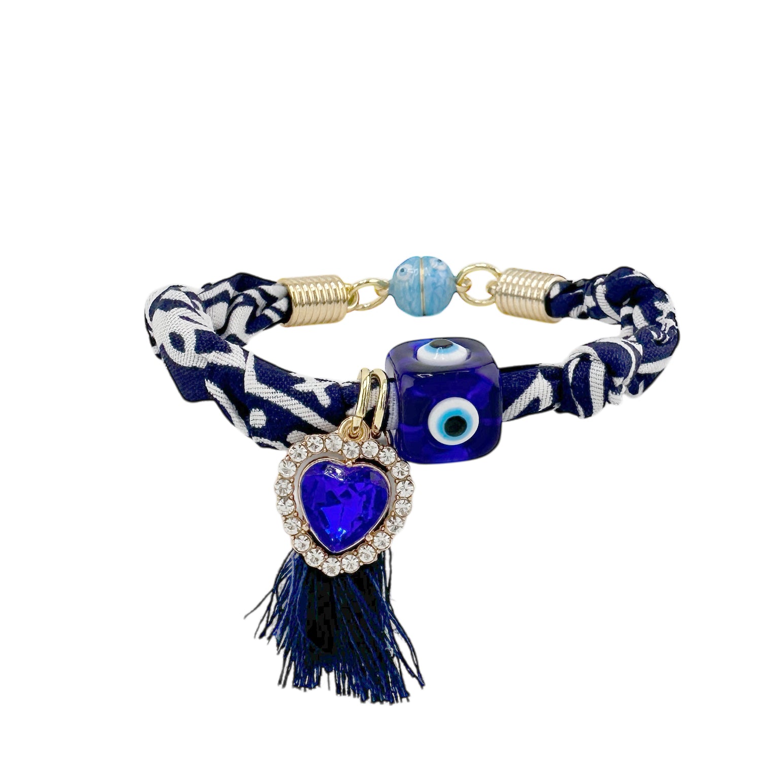 
Navy blue bandana bracelet with blue evil eye bead royal blue heart charm and navy