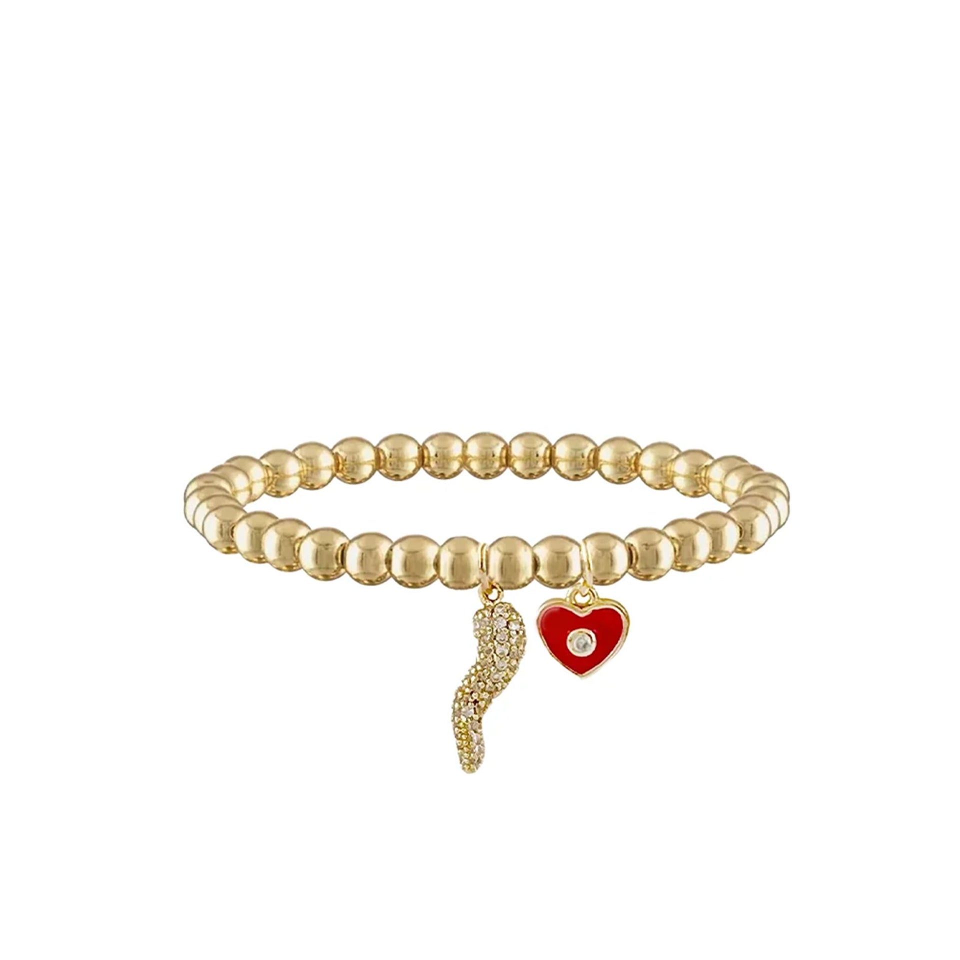 Brandi heart and Italian horn charm bracelet with pavé heart and gold beads