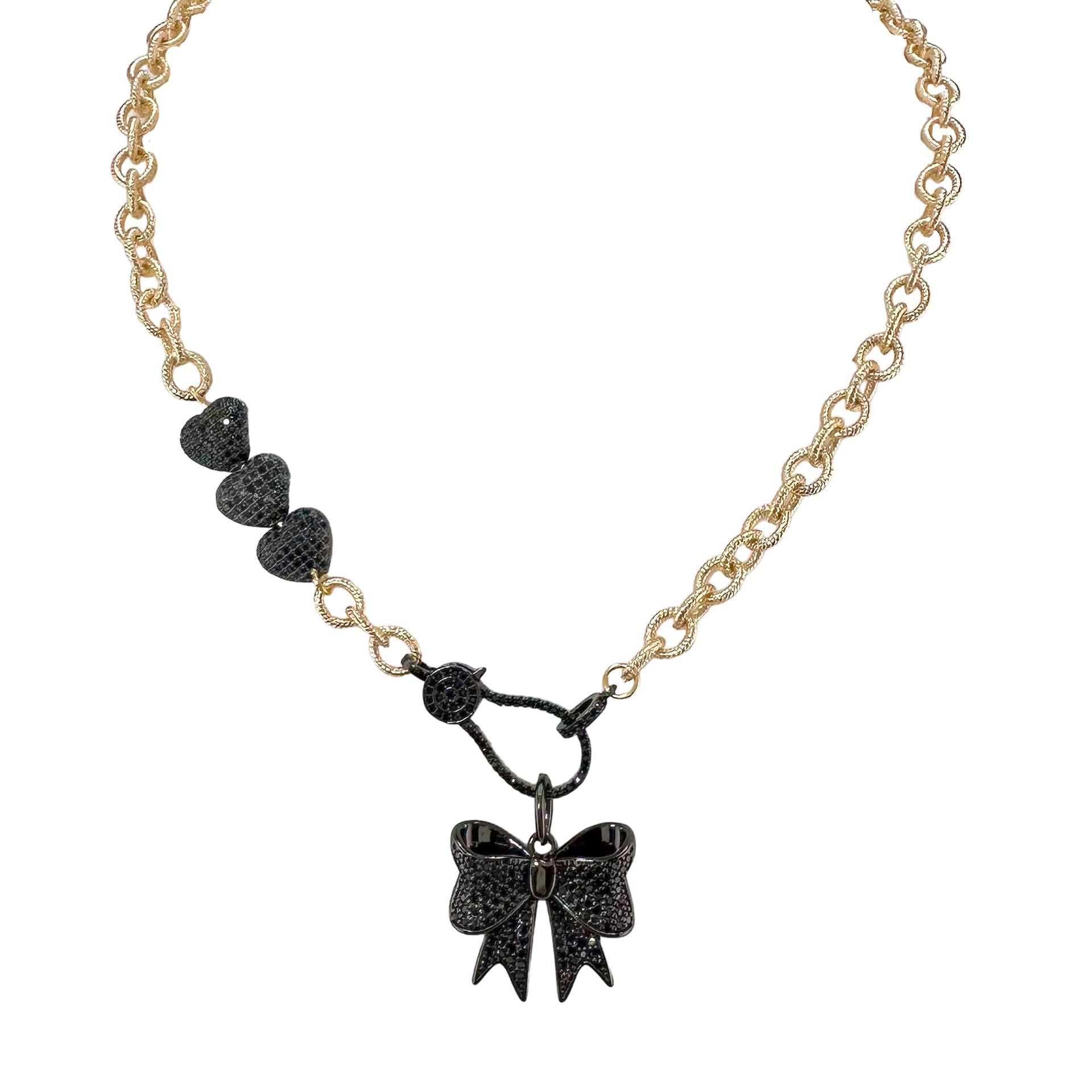 brandy bow necklace black hearts and bow charm with pave clasp by love lisa jewelry