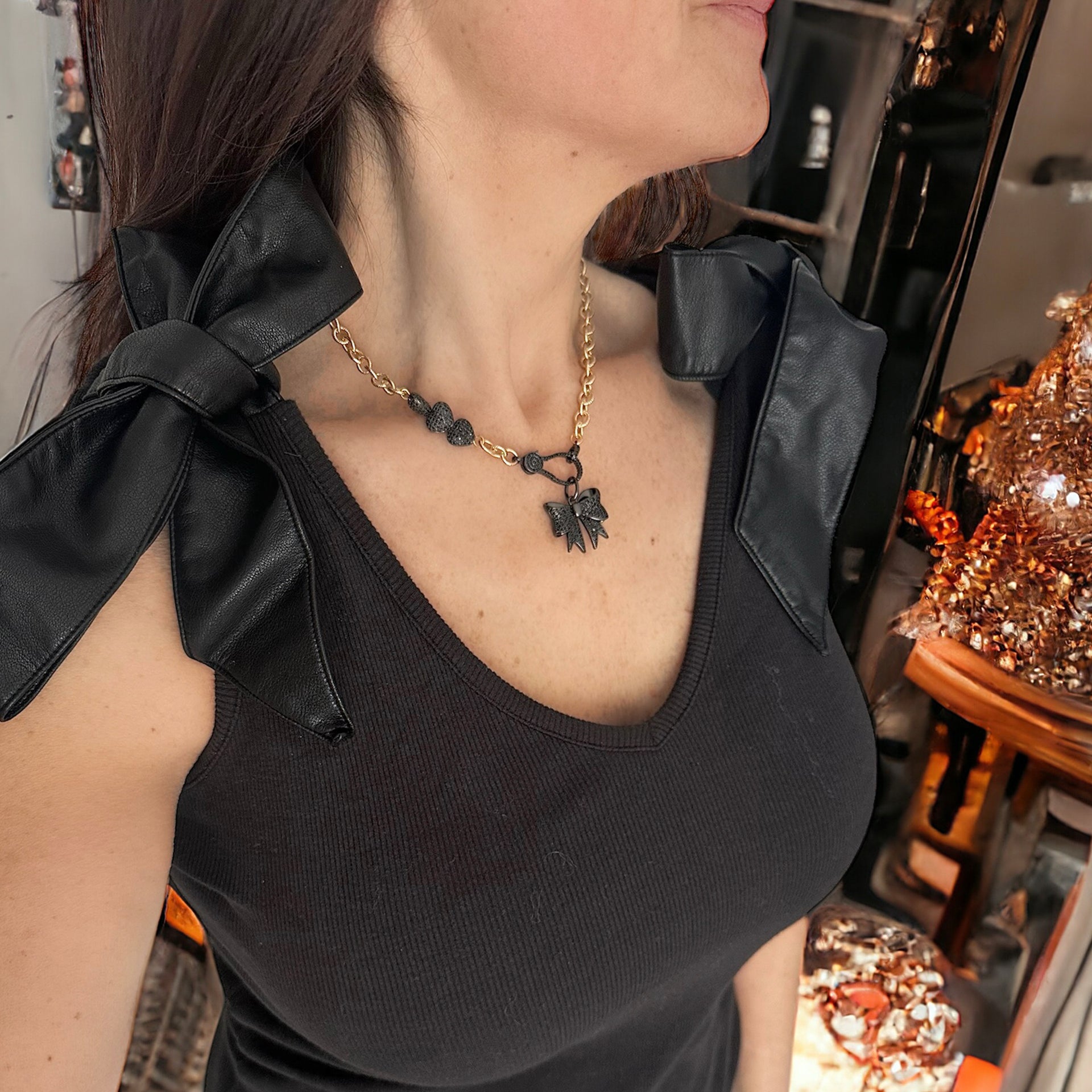 brandy bow necklace black hearts and bow charm worn by model by love lisa jewelry
