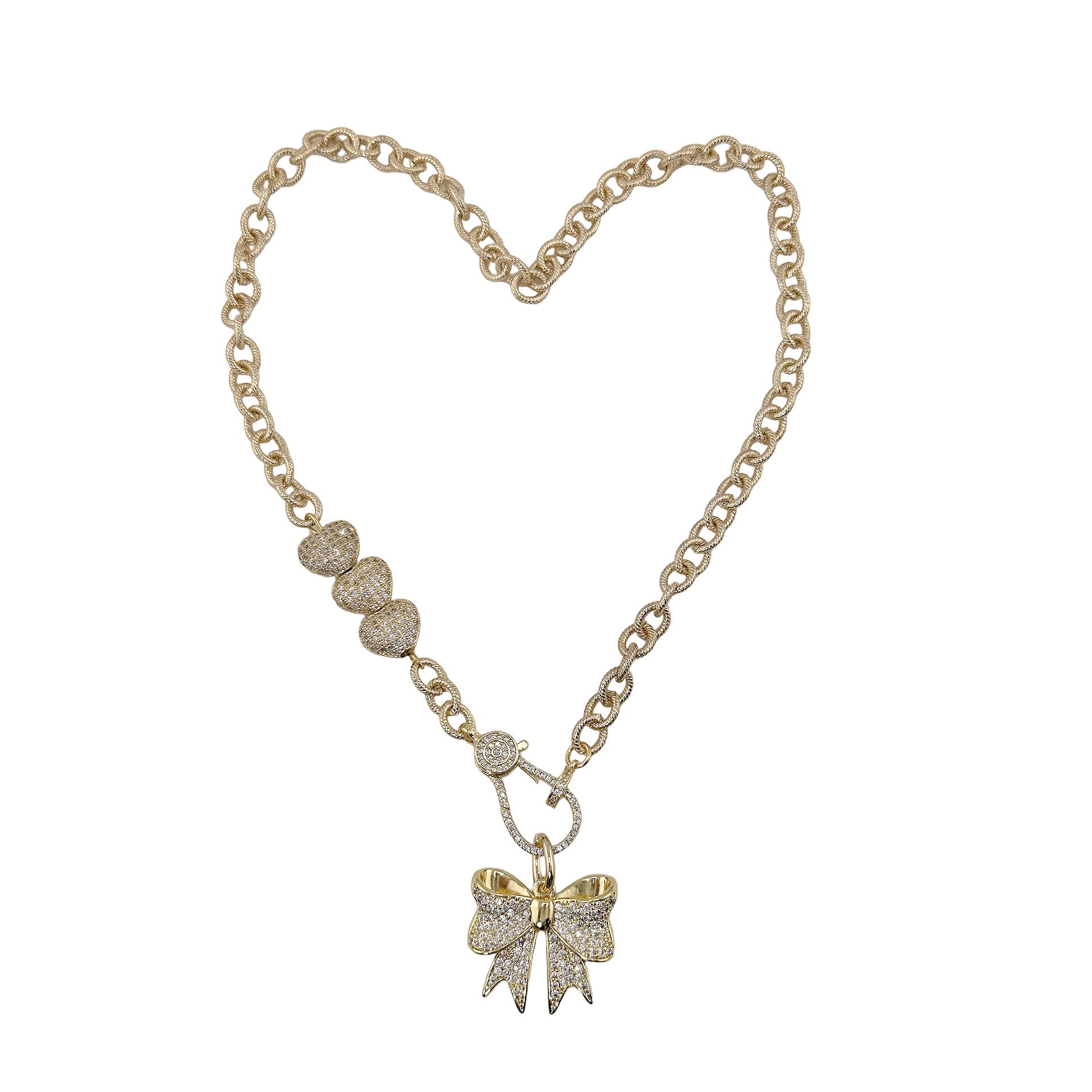 brandy bow necklace gold hearts and bow charm with pave clasp by love lisa jewelry