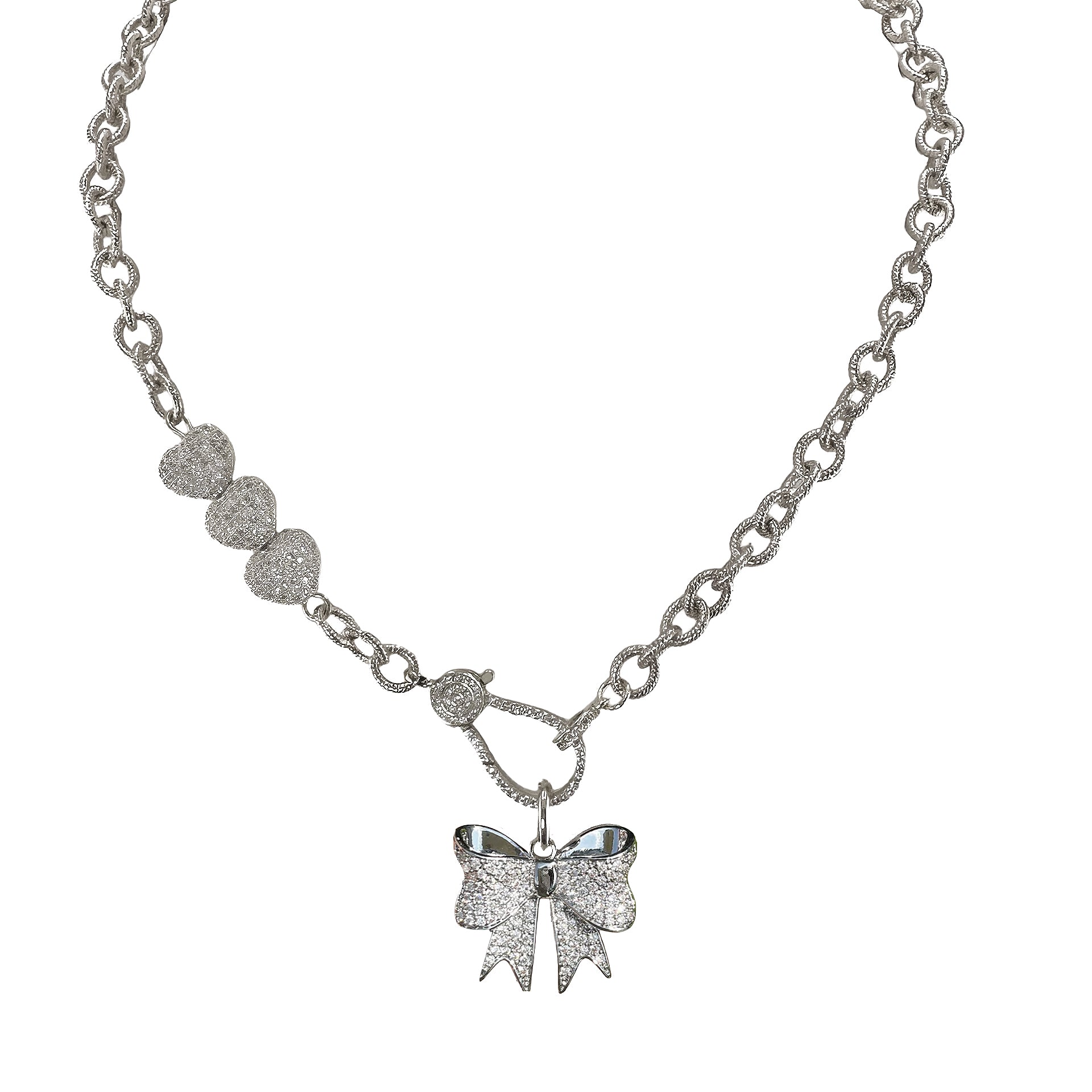 brandy bow necklace silver hearts and bow charm with pave clasp by love lisa jewelry