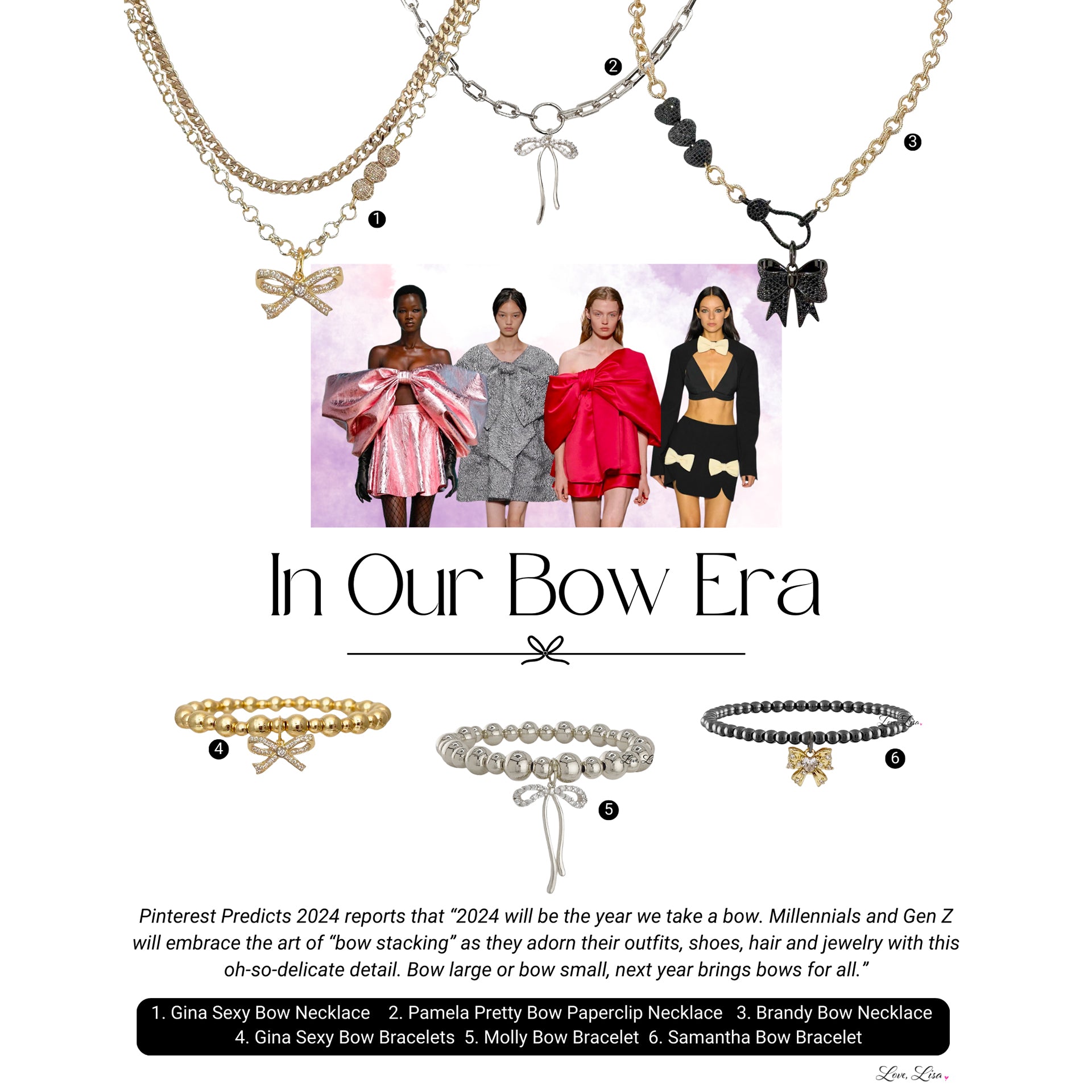 brandy long bow necklace campaign image featuring bow jewelry collection by love lisa jewelry