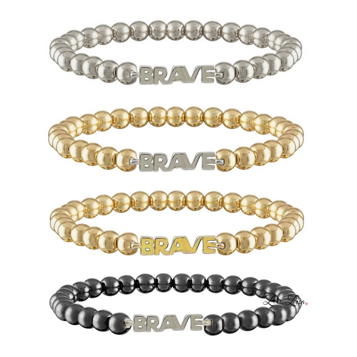 Love Lisa Samantha Breast Cancer Awareness BRAVE Bracelets displayed in Gold, Gold/Silver, Silver, and Gunmetal finishes with polished metal beads