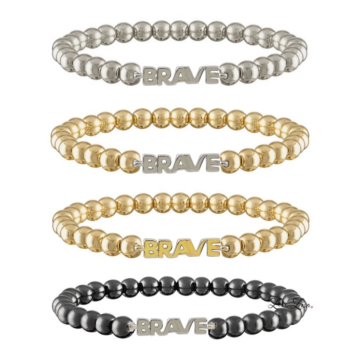 Love Lisa BRAVE Breast Cancer Awareness Word Bracelet in multiple finishes with polished metal beads and BRAVE centerpiece