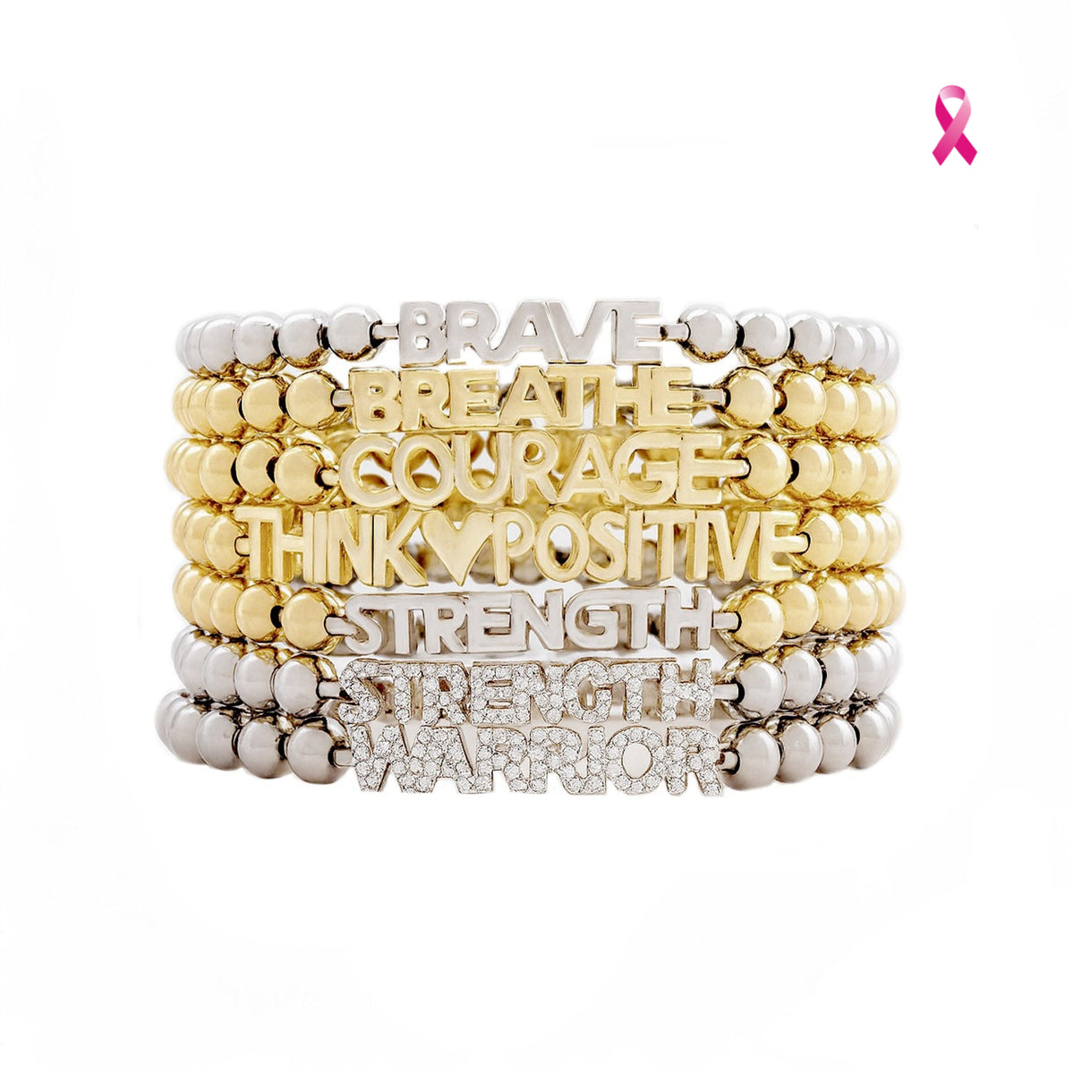 Love Lisa Breast Cancer Awareness Empowerment Word Bracelet stack with polished metal beads and words including BRAVE, BREATHE, COURAGE, THINK POSITIVE, STRENGTH, and WARRIOR
