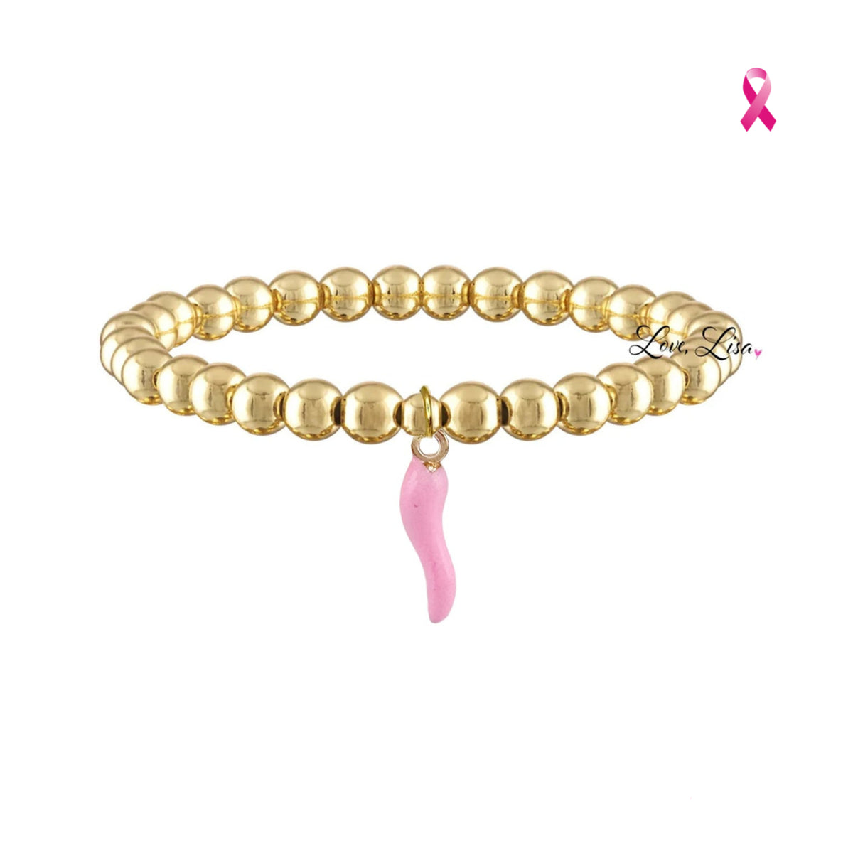 Love Lisa Breast Cancer Awareness Pink Italian Horn Bracelet with gold-tone beads, pink cornicello charm, and Pink Aid logo