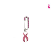 Breast Cancer Awareness Pink Ribbon Safety Pin in sikver with rhinestone safety pin and dangling pink enamel ribbon charm