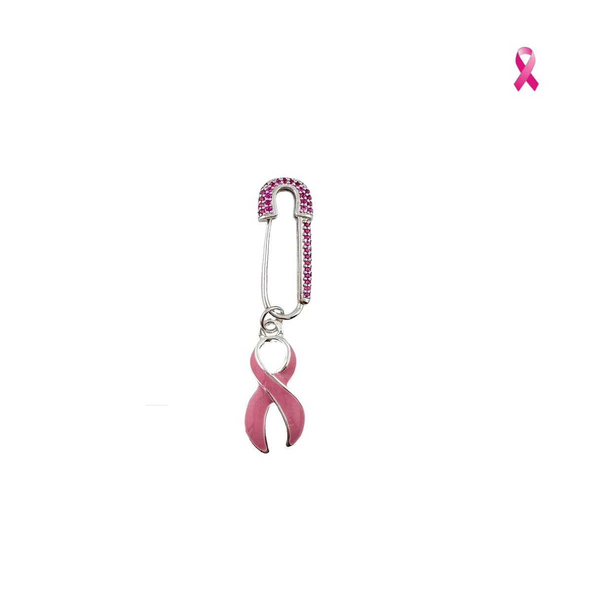 Breast Cancer Awareness Pink Ribbon Safety Pin in sikver with rhinestone safety pin and dangling pink enamel ribbon charm