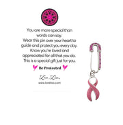 Love Lisa Breast Cancer Awareness Pink Ribbon Safety Pin with rhinestone pin, dangling pink enamel ribbon charm, and message card