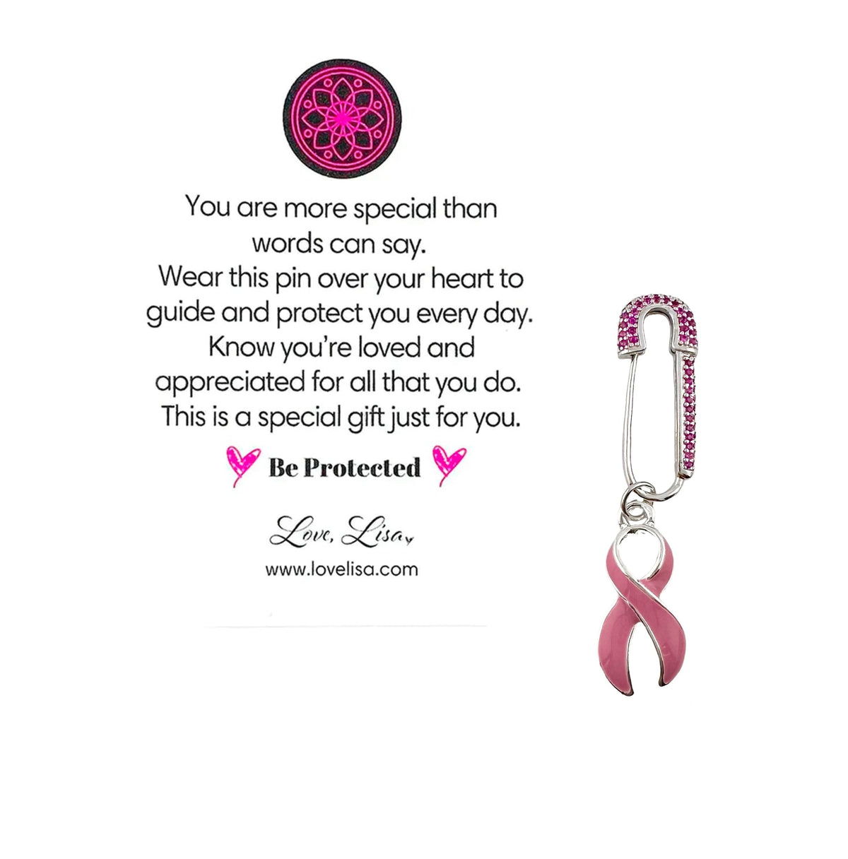 Love Lisa Breast Cancer Awareness Pink Ribbon Safety Pin with rhinestone pin, dangling pink enamel ribbon charm, and message card