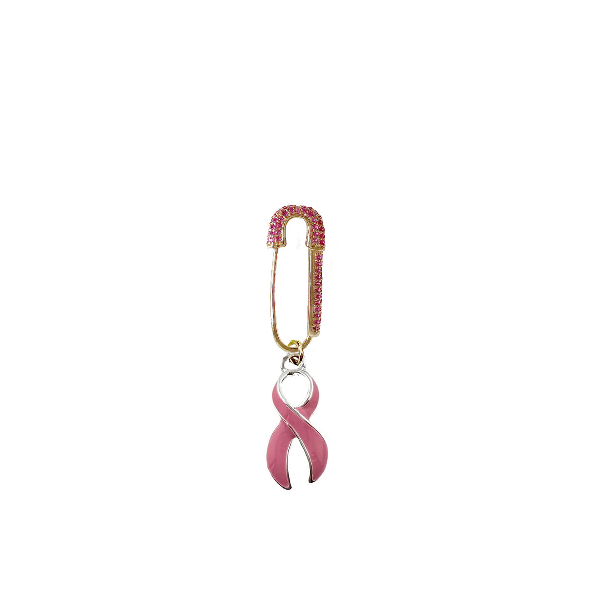 Breast Cancer Awareness Pink Ribbon Safety Pin in Gold with rhinestone safety pin and dangling pink enamel ribbon charm