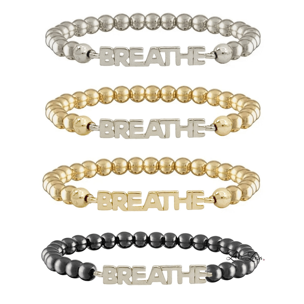 Love Lisa BREATHE Breast Cancer Awareness Word Bracelet in multiple finishes with polished metal beads and BREATHE centerpiece