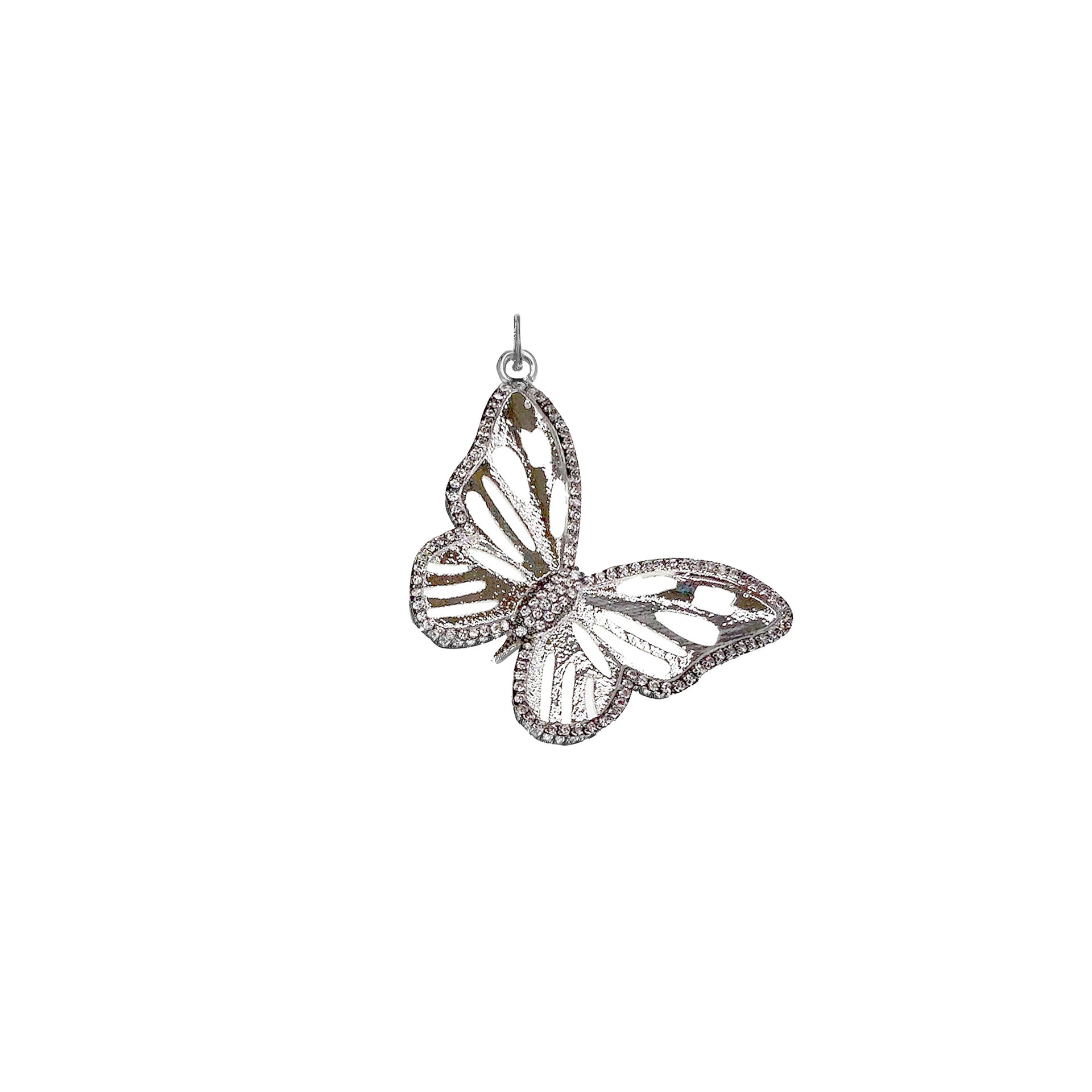 Closeup of silver butterfly charm with shimmer detail

