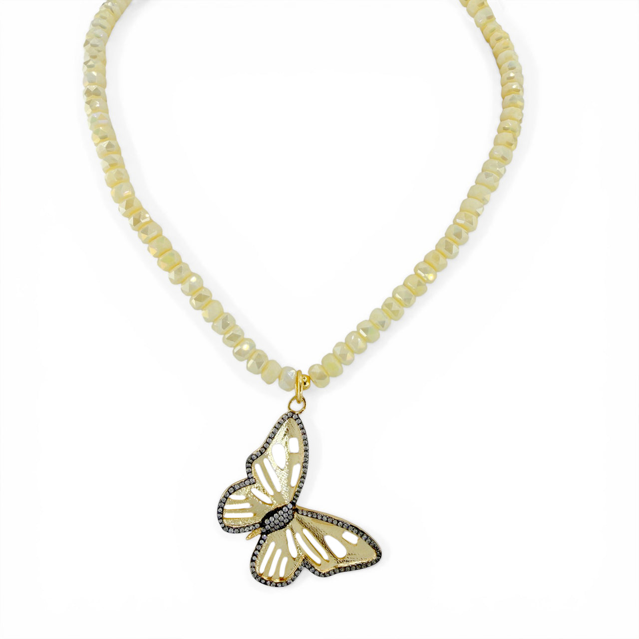 Love Lisa Brianna butterfly crystal beaded necklace buttercream faceted crystal rondelle beads with pave butterfly pendant
