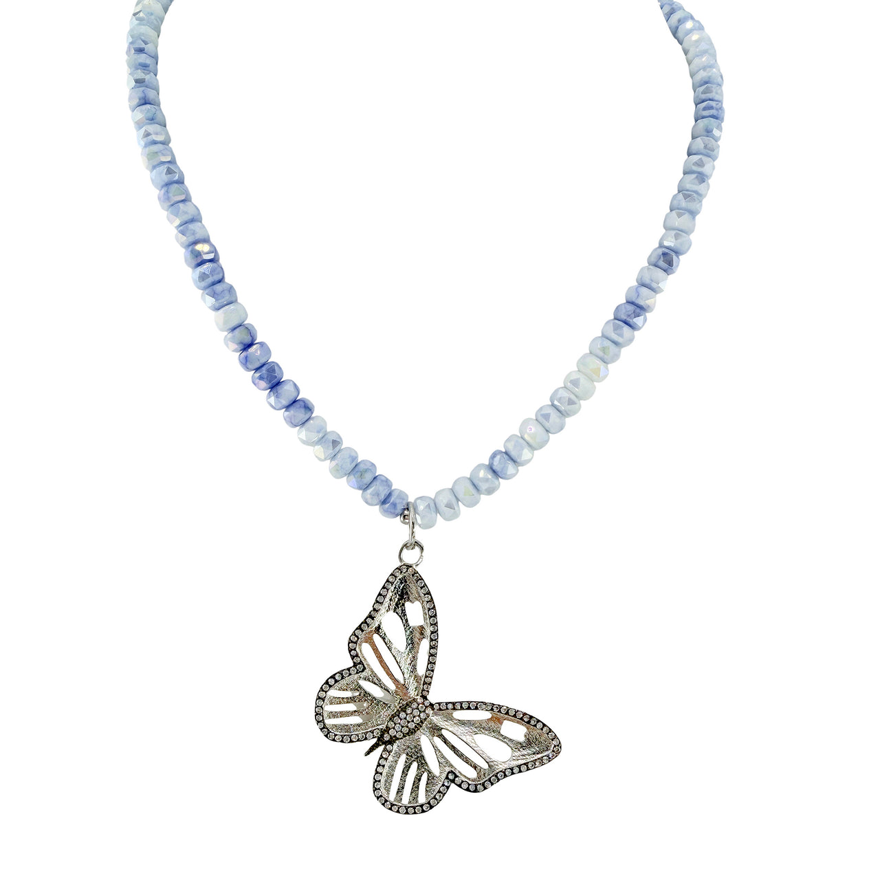 Brianna butterfly crystal beaded necklace ocean blue faceted crystal rondelle beads with pave butterfly pendant
