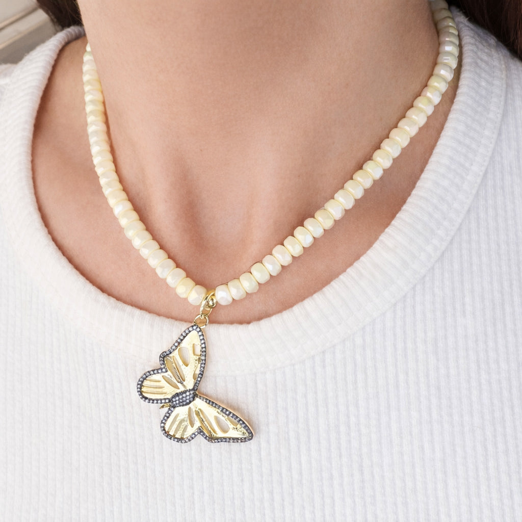 Brianna butterfly crystal beaded necklace pave butterfly pendant detail with faceted crystal beads
