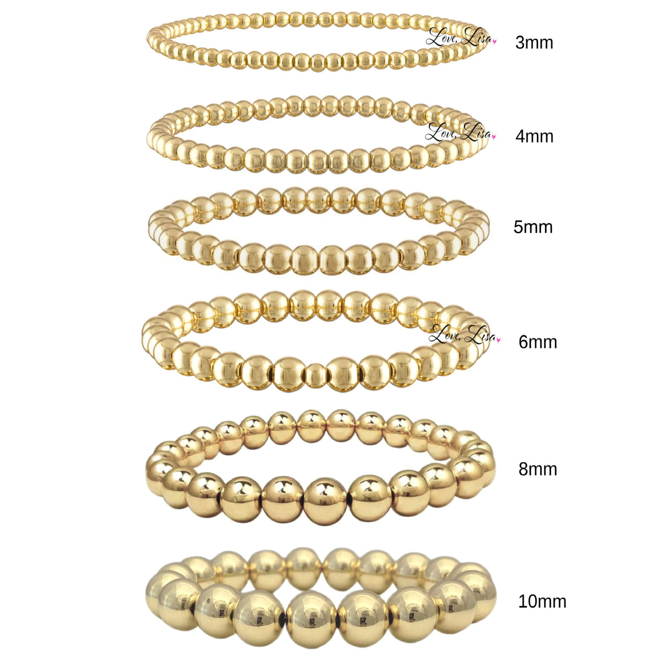 build your own stack beaded bracelets gold 3mm to 10mm bead size chart love lisa