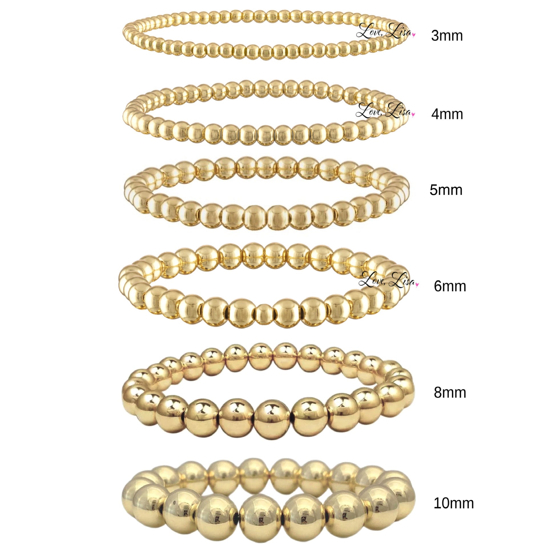 build your own stack beaded bracelets gold 3mm to 10mm bead size chart love lisa