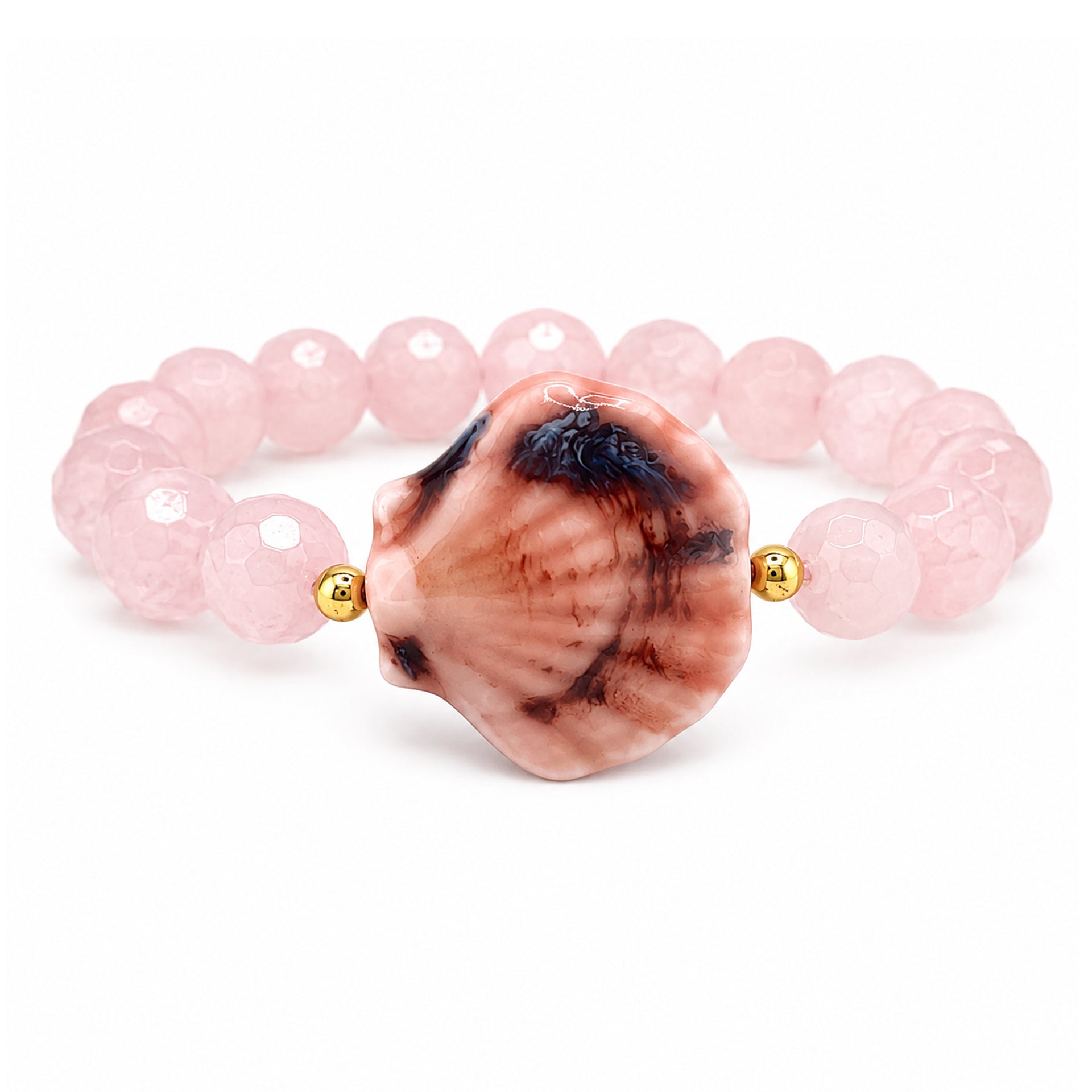 Calista Ceramic Shell Gemstone Bracelet in Blush Bloom with soft pink faceted gemstone beads and glazed ceramic shell centerpiece