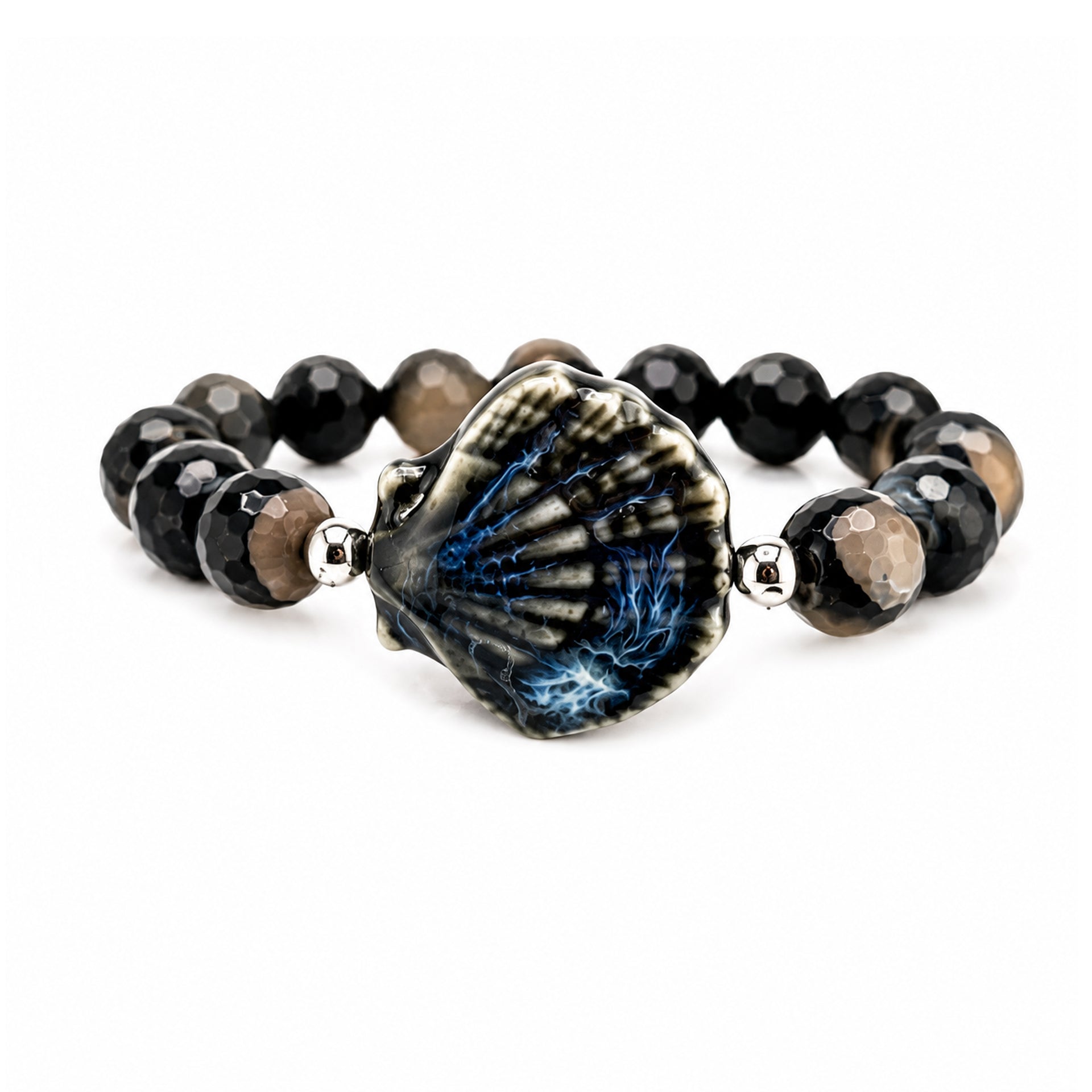 Calista Ceramic Shell Gemstone Bracelet in Midnight Tide with black faceted gemstone beads and glazed ceramic shell centerpiece