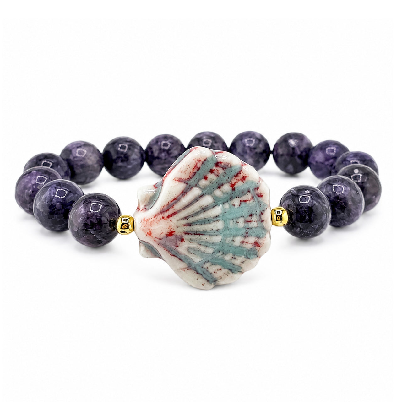 Calista Ceramic Shell Gemstone Bracelet in Purple Reef with purple faceted gemstone beads and glazed ceramic shell centerpiece