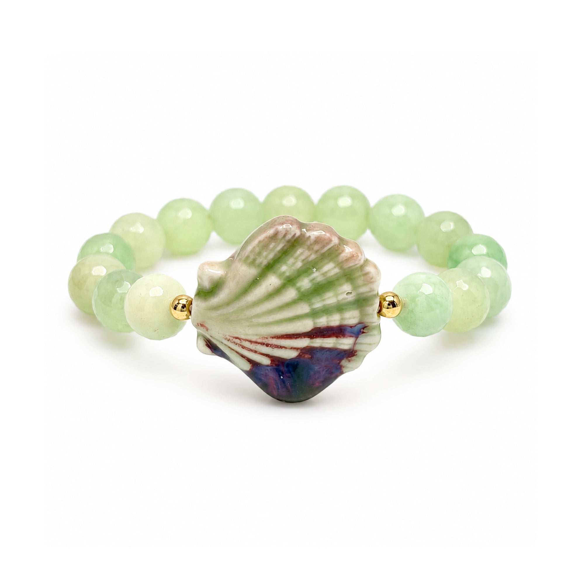 Calista Ceramic Shell Gemstone Bracelet in Sea Glass with pale green faceted gemstone beads and glazed ceramic shell centerpiece
