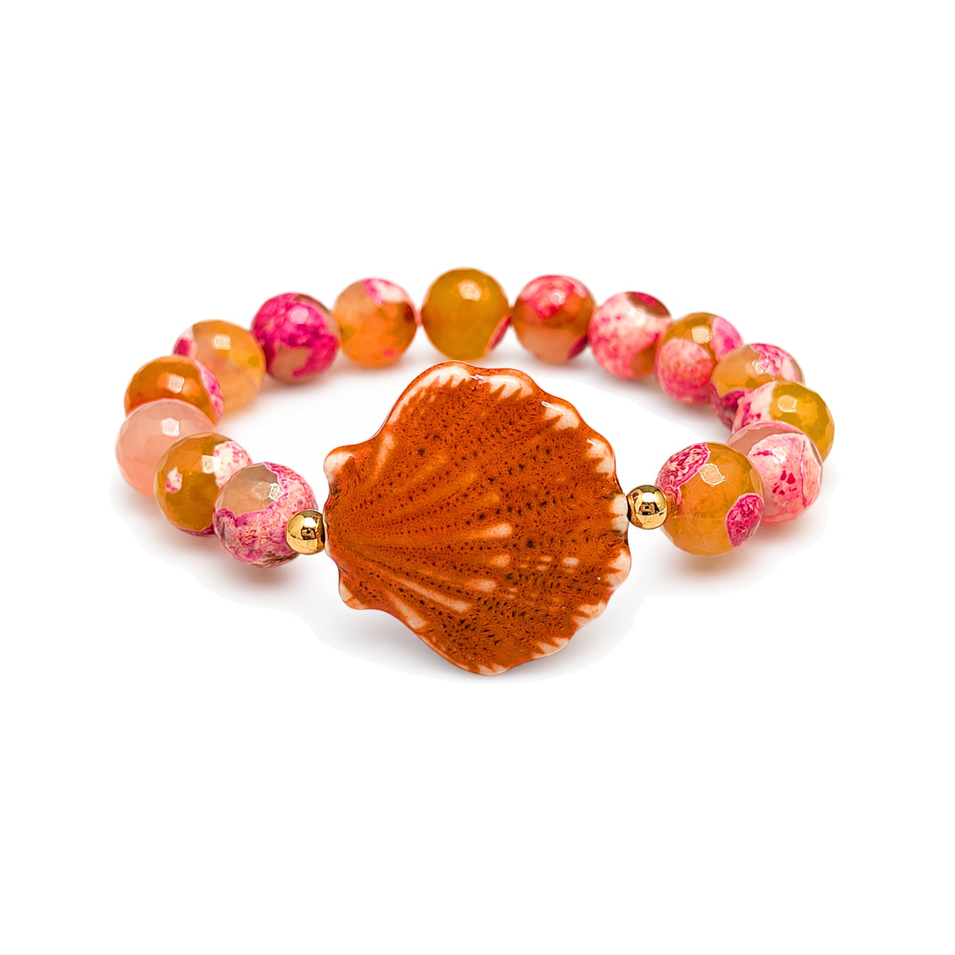 Calista Ceramic Shell Gemstone Bracelet in Sunset Coral with orange faceted gemstone beads and glazed ceramic shell centerpiece