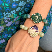 Love Lisa Calista Ceramic Shell Gemstone Bracelet worn in a coastal bracelet stack with shell charm and gemstone beads