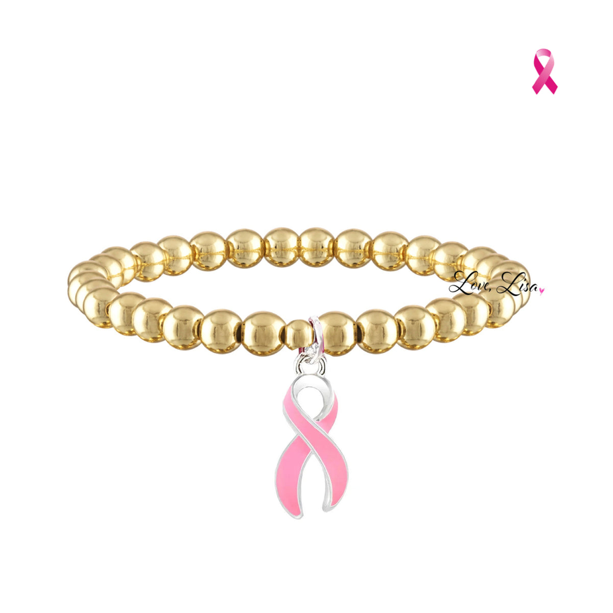 Love Lisa Camille Breast Cancer Awareness Pink Ribbon Bracelet in Gold with polished metal beads and enamel pink ribbon charm,