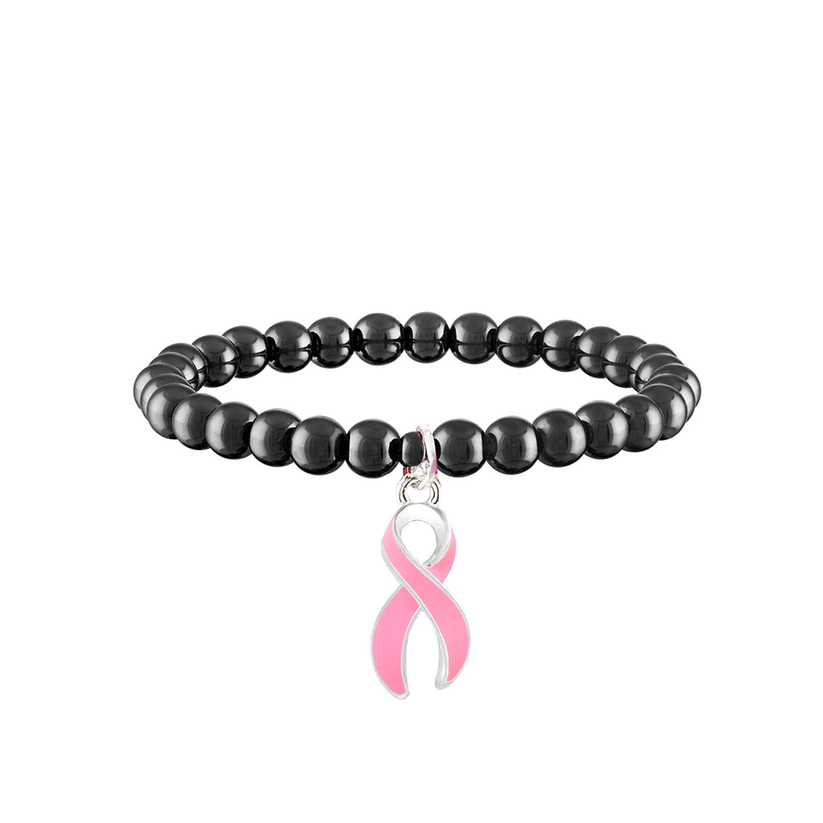 Camille Breast Cancer Awareness Pink Ribbon Bracelet in Gunmetal with 6mm polished metal beads and dangling pink ribbon charm