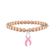 Camille Breast Cancer Awareness Pink Ribbon Bracelet in Rose Gold with 6mm polished metal beads and dangling pink ribbon charm