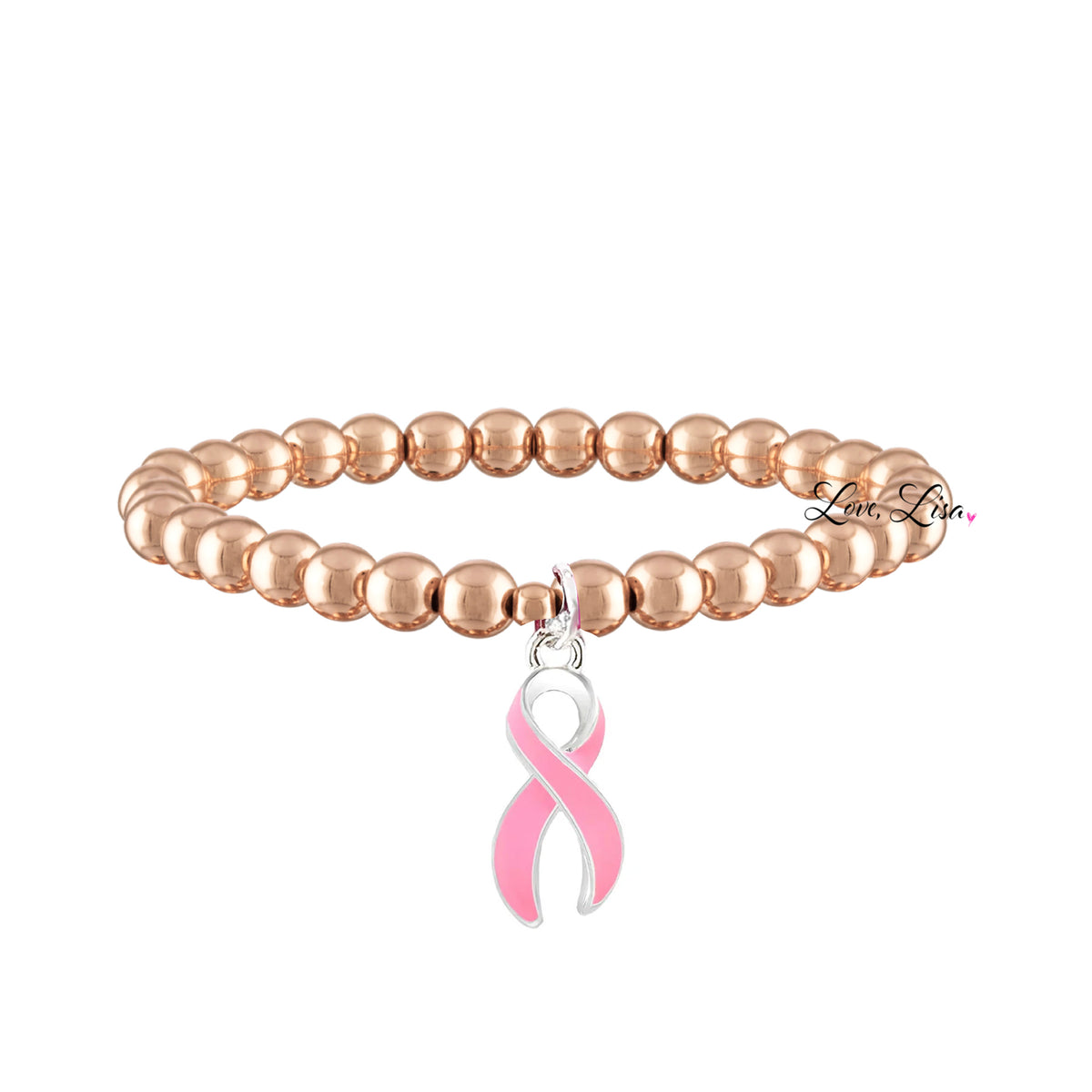 Camille Breast Cancer Awareness Pink Ribbon Bracelet in Rose Gold with 6mm polished metal beads and dangling pink ribbon charm