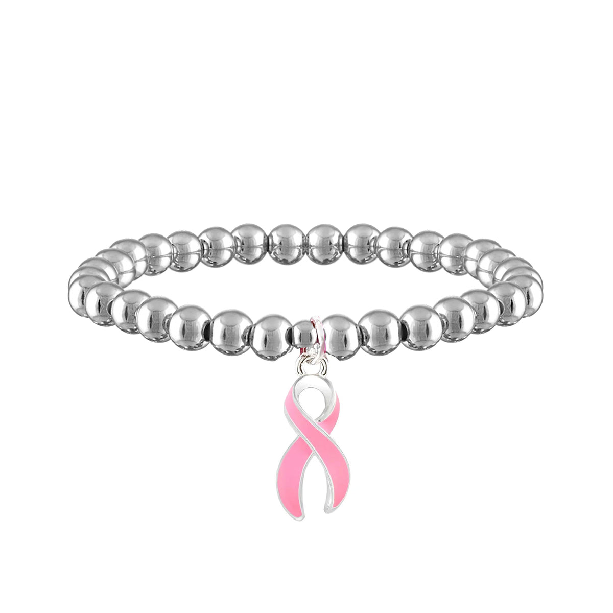 Camille Breast Cancer Awareness Pink Ribbon Bracelet in Silver with 6mm polished metal beads and dangling pink ribbon charm
